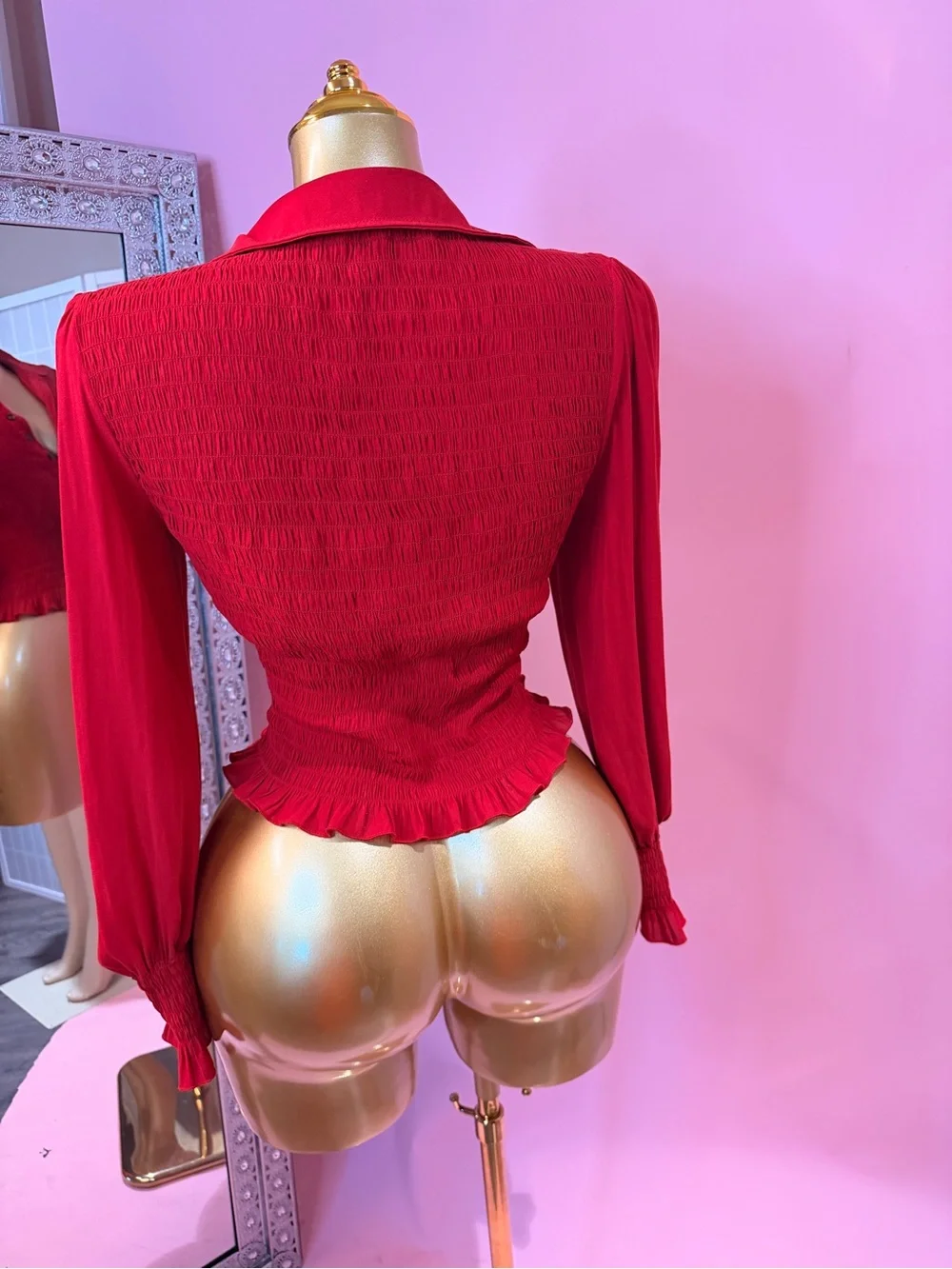 Free People Red Ruched Button-Front Long Sleeve Top